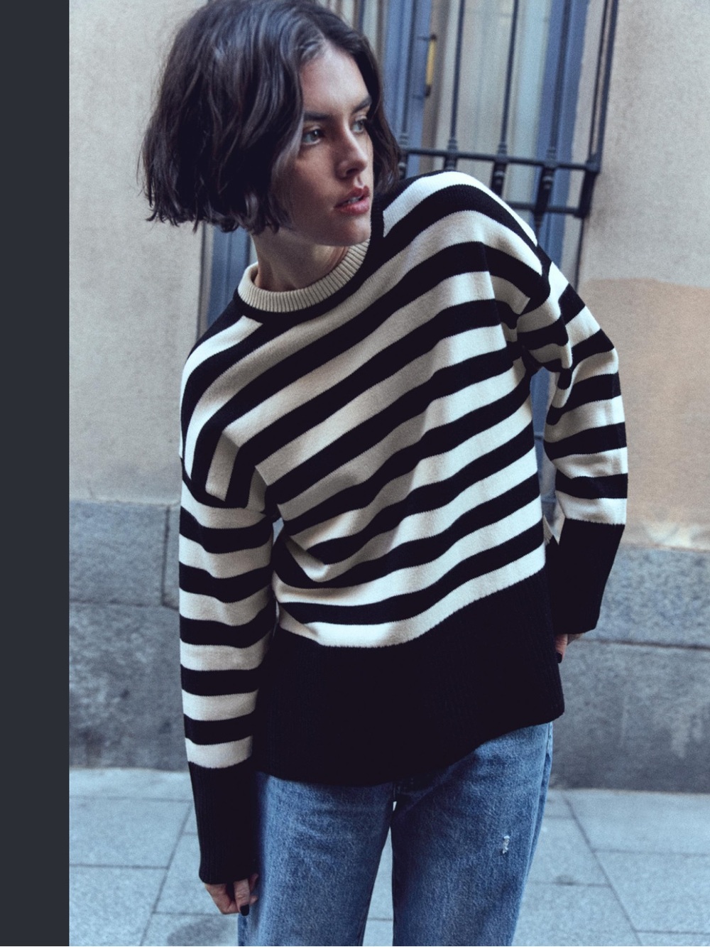 Industry Striped Black & Cream Crewneck Sweater - Zara